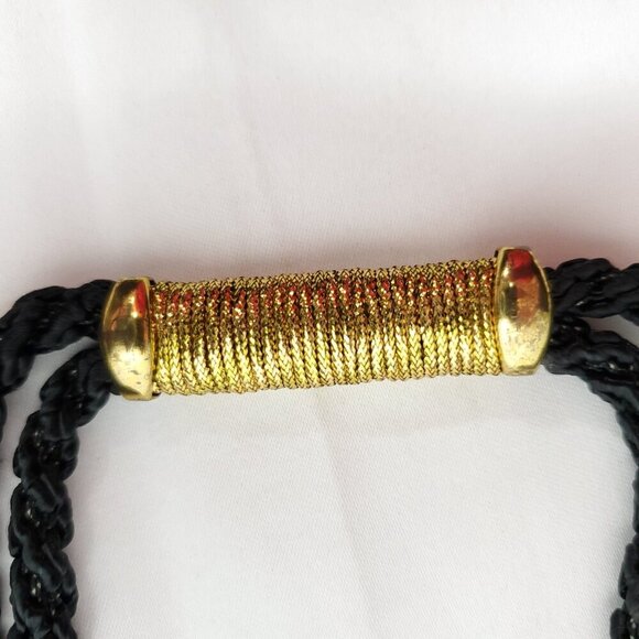 Vintage 80s Floral Cloisonne Belt Buckle Black Goldtone Rope Slide Pendant - Picture 4 of 6